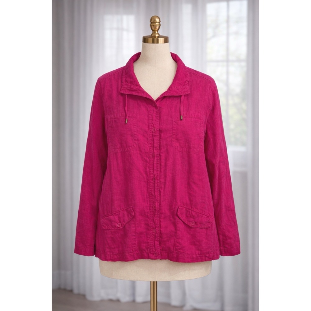 Chicos 100% Linen Jacket Pink Utility Pockets Button Up Roll Tab Sleeve Size 2 M